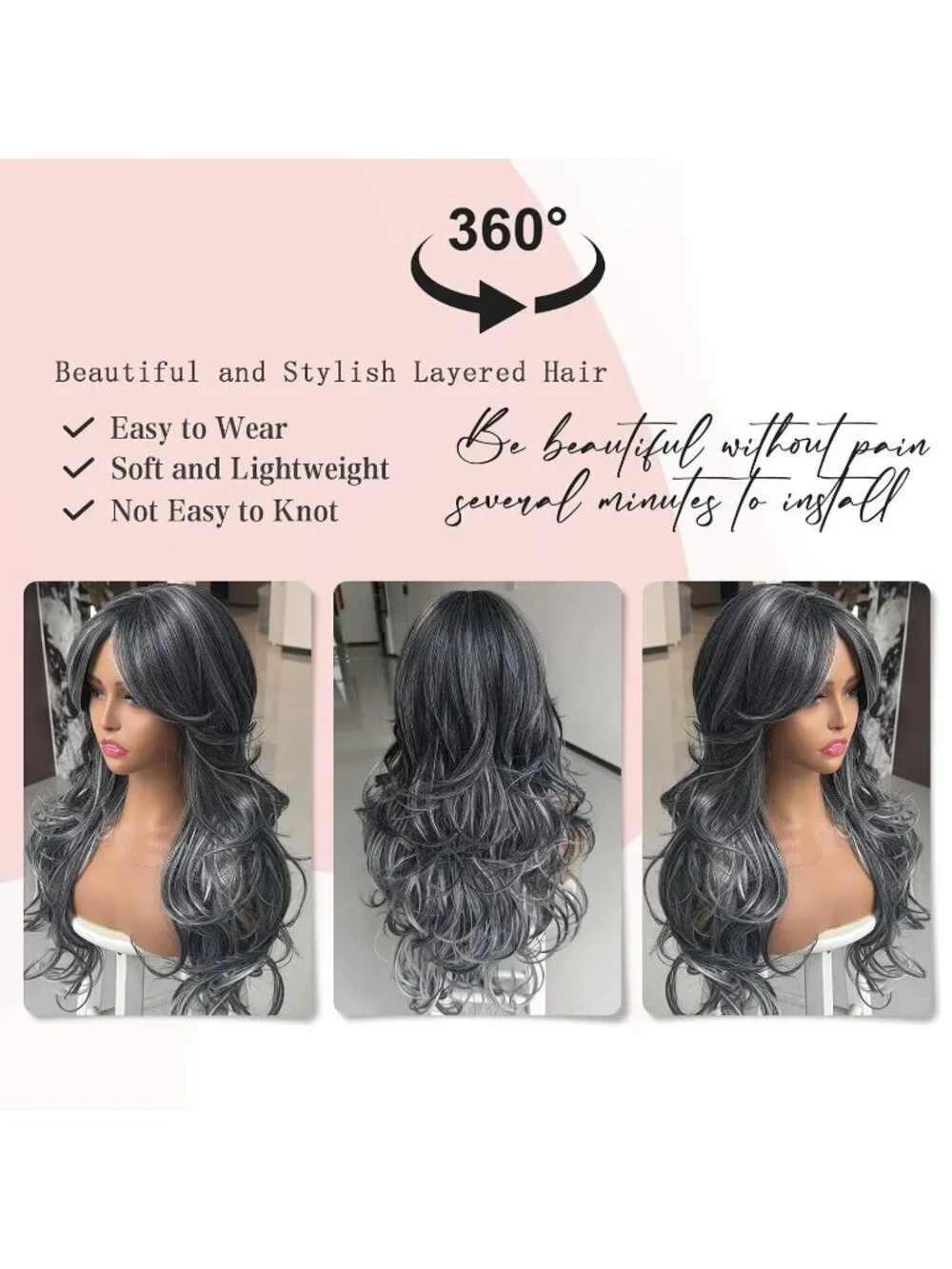 Women's Dark Grey Long Blonde Wavy Synthetic Platinum Layered Classic Wigs